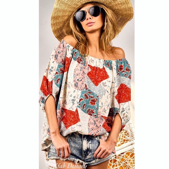 New!Clearance 🔥Boho Floral Patchwork Woven Off Shoulder Ballon Sleeve Soft Top - Picture 6 of 16